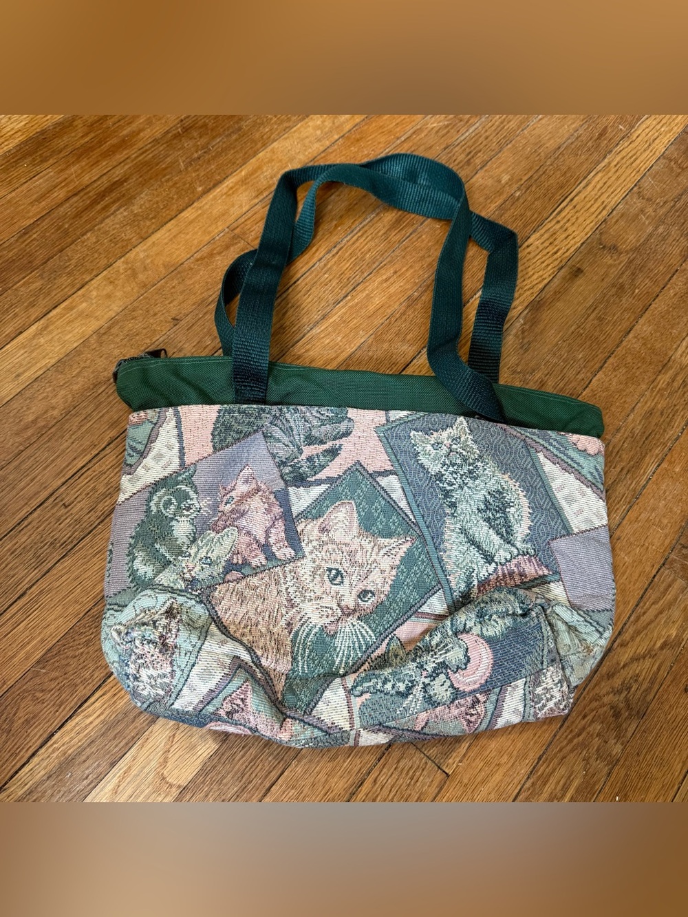 Vintage Green Cat Tapestry Tote Bag Purse